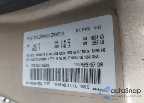 2001 Chrysler Sebring Lxi z USA, uszkodzony, nr VIN 1C3EL55U31N663416